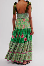 Smocked V Neck Bow Shoulder Strap Mixed Floral Tiered Maxi Dress