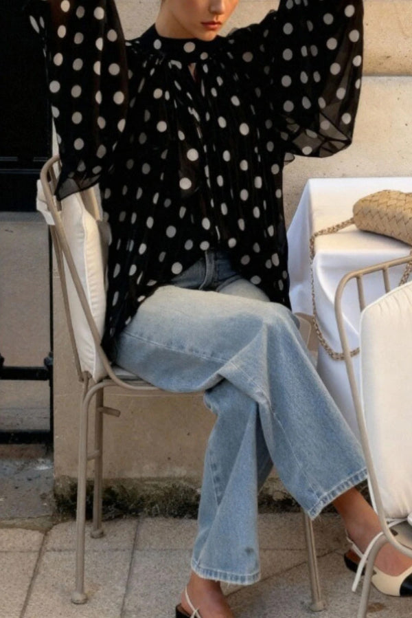 Polka Dot Print Tie-waist Lantern Sleeve Elegant Loose Shirt