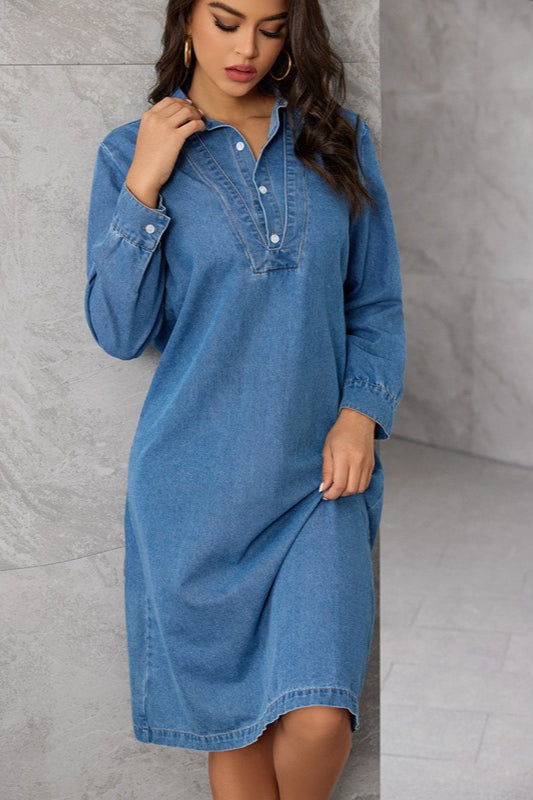 Denim Shirt Collar Long Sleeve Button Front Relaxed Midi Dress