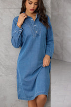 Denim Shirt Collar Long Sleeve Button Front Relaxed Midi Dress