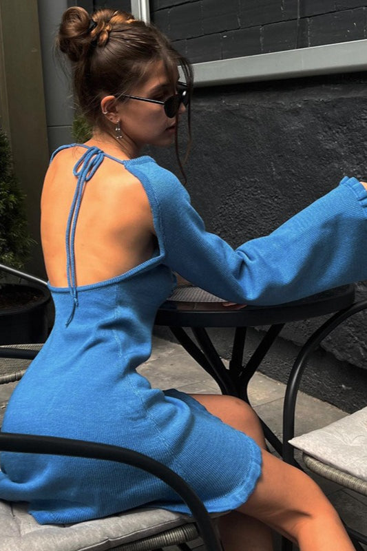 One Shoulder Long Sleeve Ruffle Cuff Lettuce Hem Mini Sweater Dress