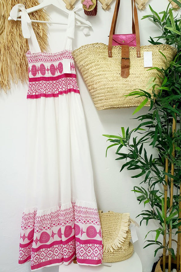 Ethnic Embroidered Smocked Square Neck Shoulder Tie Tiered Maxi Dress
