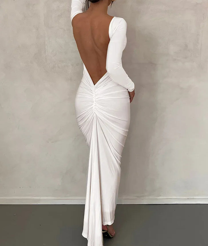 Long Sleeve Plunging Open Back Ruched Bodycon Maxi Dress