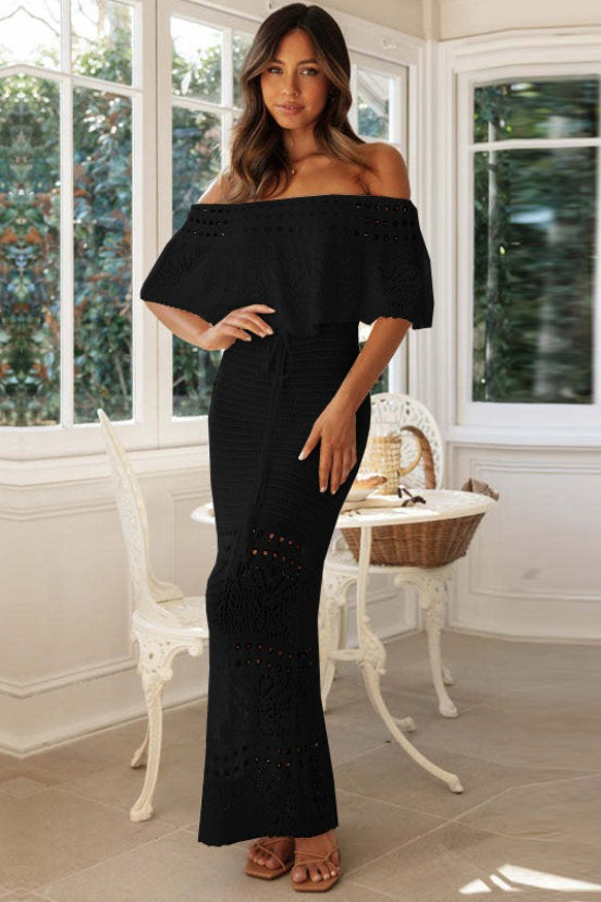 Off Shoulder Crochet Knit Drawstring Waist Tassel Maxi Dress