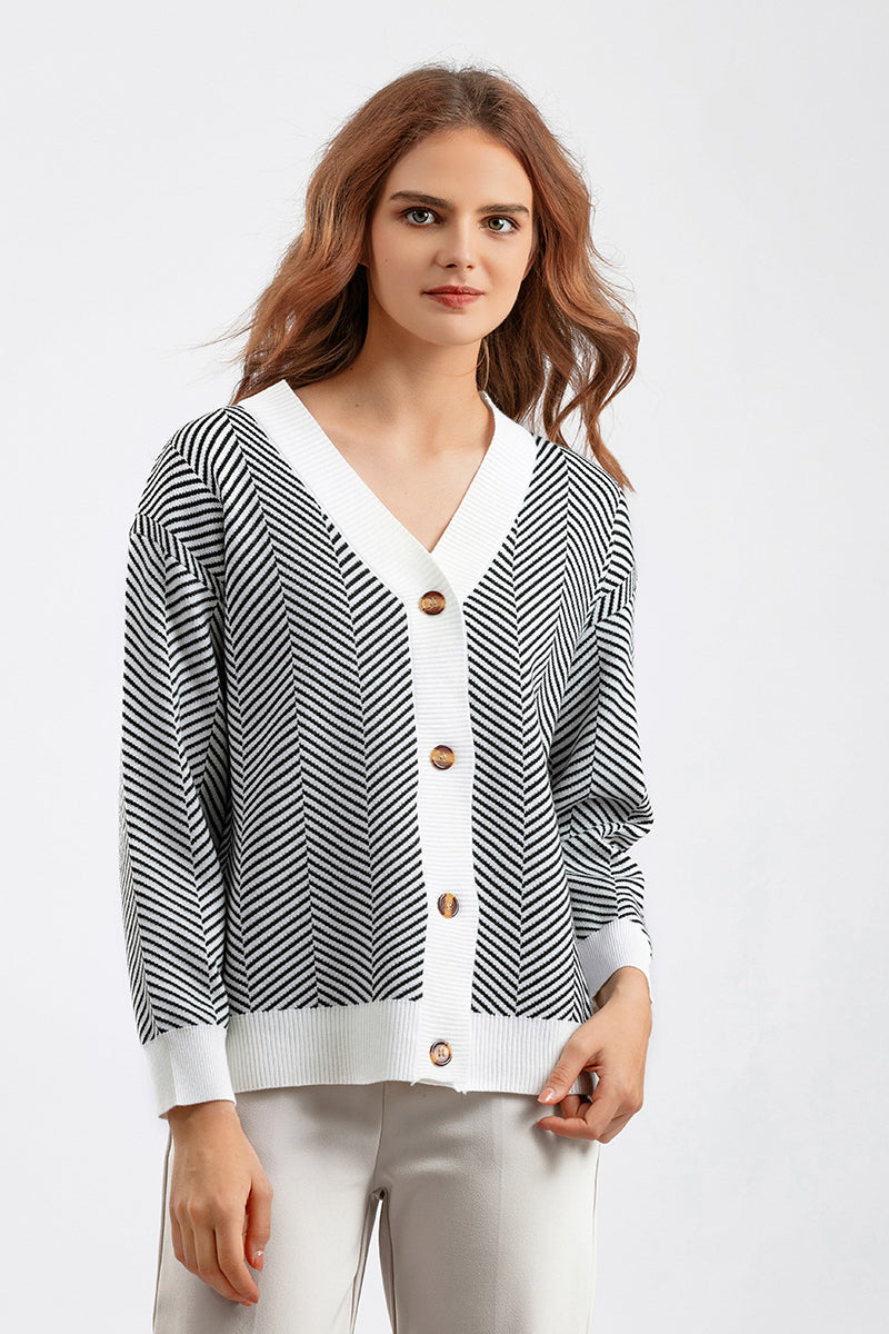Striped V-Neck Buttoned Knit Sweater