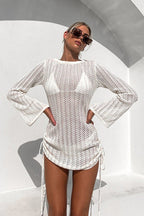 White Round Neck Crochet Knit Drawstring Side Ruched Bell Sleeve Mini Dress