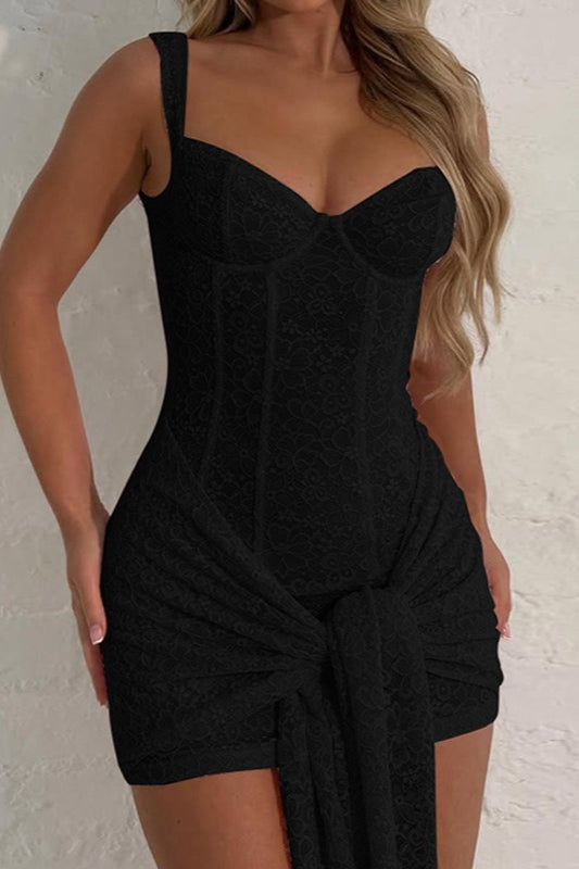 Floral Lace Bustier Corset Seam Front Knot Hip Tie Bodycon Mini Dress