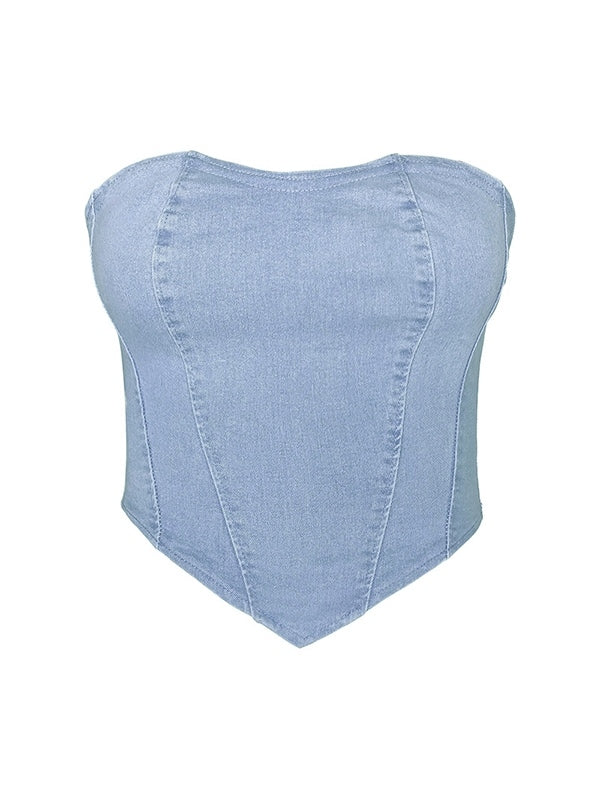 Vintage Denim Irregular Hem Corset Bandeau Top