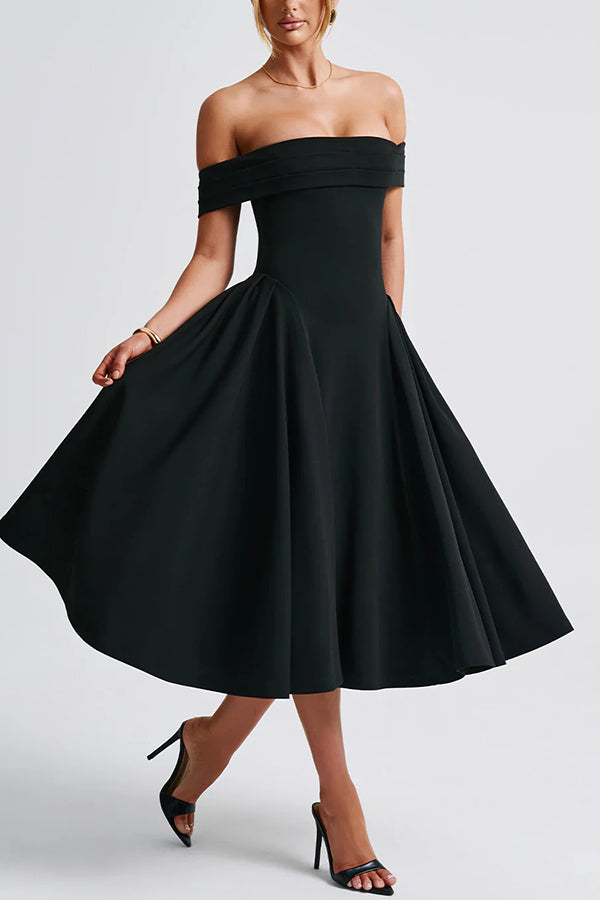 Off Shoulder Foldover Cuff Pleated Pocket Fit and Flare Midi Dress