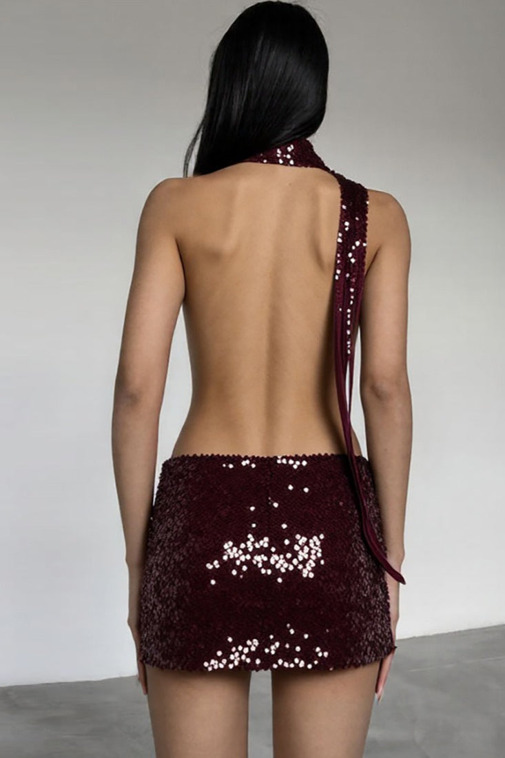Red Deep V Halter Backless Sequin Mini Dress