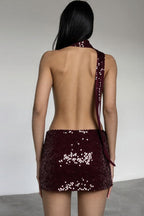 Sequin Halter Choker Deep V-Neck Knot Sash Bodycon Mini Dress