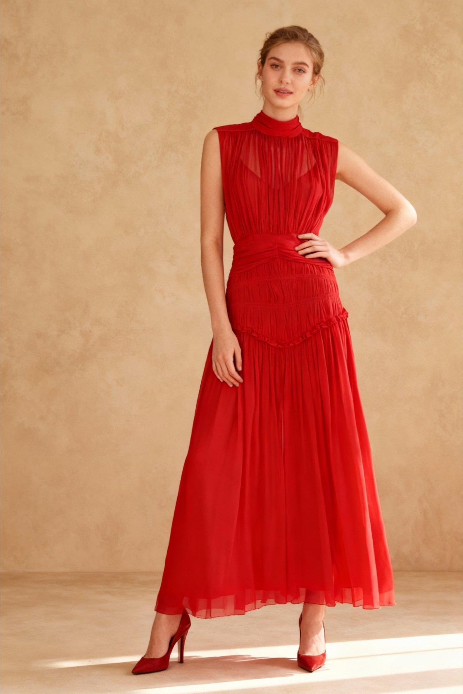 Sleeveless Mock Neck Pleated Waistband Chiffon Maxi Dress