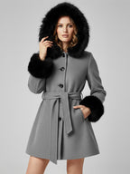 Belted Wool Blend Hooded Coat with black Faux fur cuffs For Women 2026