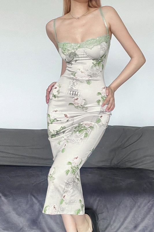 Floral Print Lace Trim Spaghetti Strap Bustier Bodycon Midi Dress