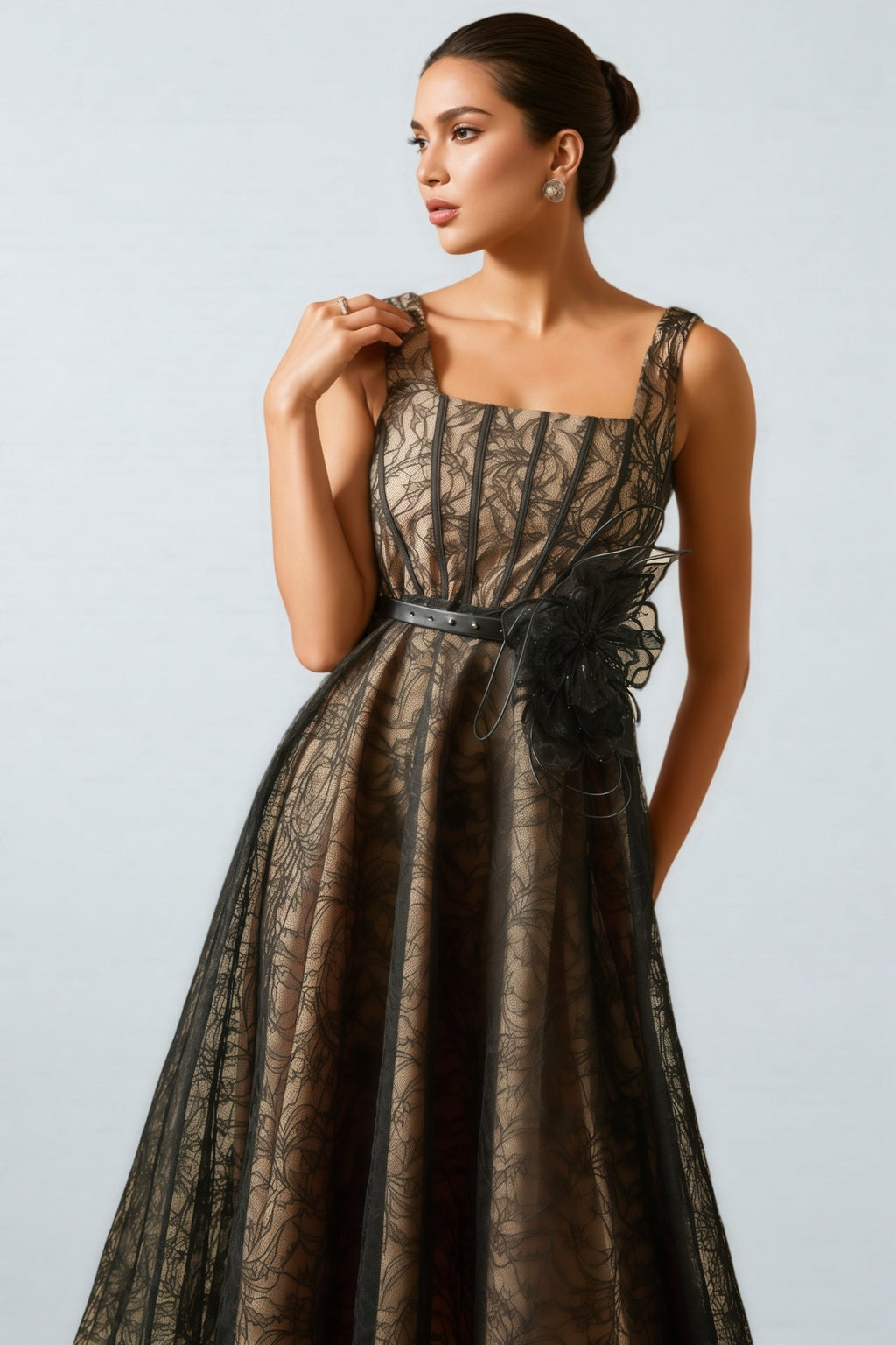 Eloise Floral Applique Lace Overlay Midi Dress