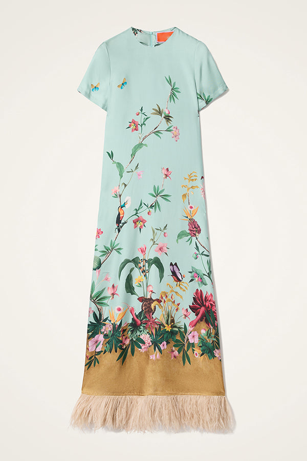 Mezcal Satin Floral Print Contrast Color Printed Short Sleeve Pocket Feather Trim Maxi Dress