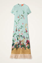 Mezcal Satin Floral Print Contrast Color Printed Short Sleeve Pocket Feather Trim Maxi Dress