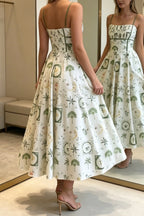 Unique Printed Thin-strapped Pleated Waist Casual Maxi Dress