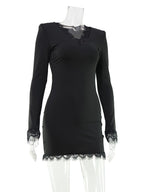 Lace Trim Long Sleeve V-Neck Bodycon Mini Party Dress For Women 2026