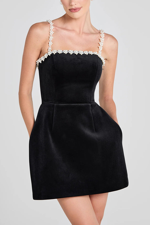 Velvet Square Neck Pearl Strap Pearl Scalloped Trim Mini Dress