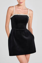 Velvet Square Neck Pearl Strap Pearl Scalloped Trim Mini Dress