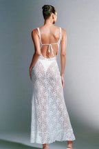 Floral Lace Scoop Neck Spaghetti Strap Ruffle High Split Maxi Dress