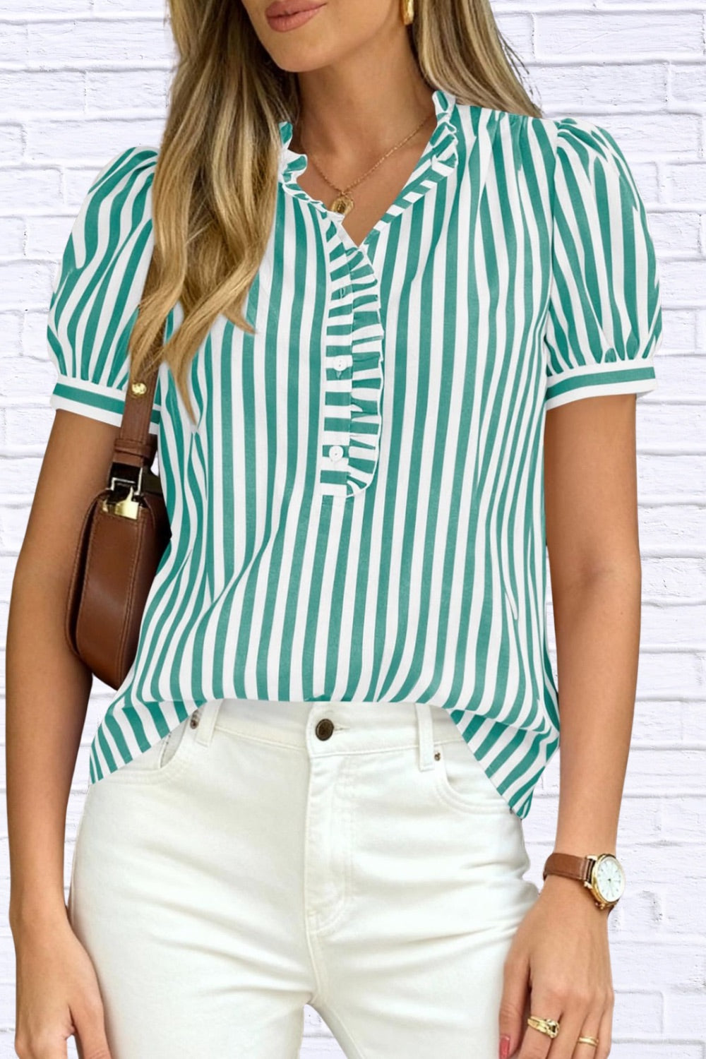 Frill Striped Puff Sleeve Blouse | Chic Women__ Top