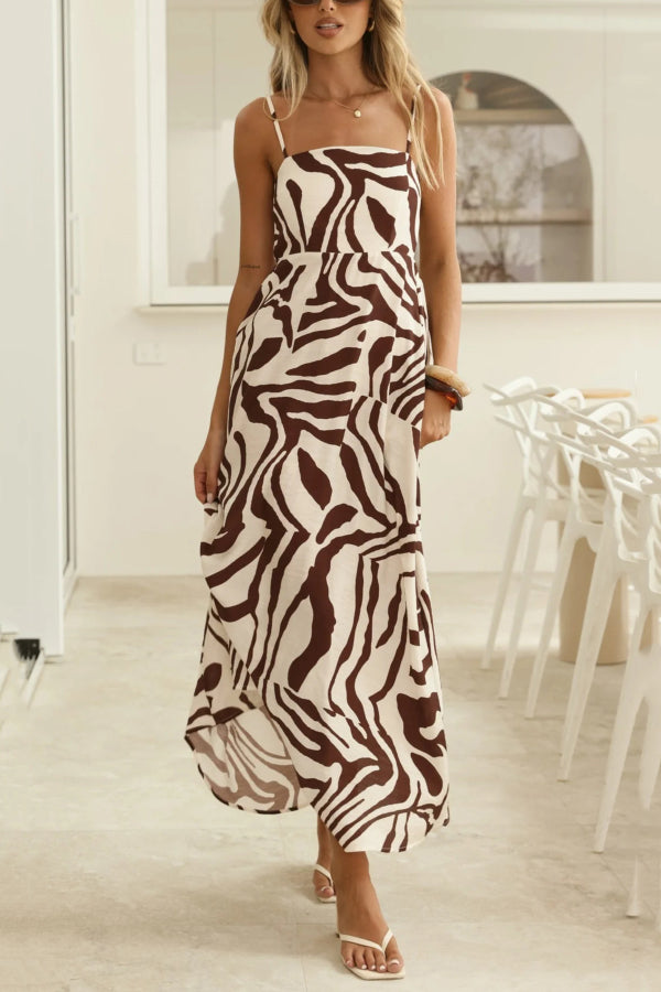 Zebra Print Sleeveless Spaghetti Strap High-waisted Vacation Maxi Dress