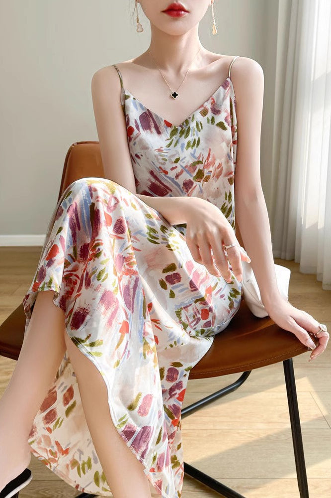 Satin Floral Print Spaghetti Strap Cami Slip Midi Dress