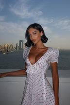 Polka Dot Deep V Bow Front Puff Sleeve Fit and Flare Mini Dress
