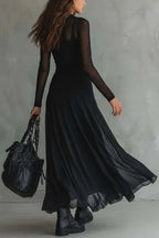 Fashionable Mesh-paneled Long-sleeved Slim-fit Maxi Dress