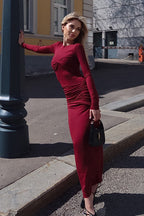 Long Sleeve Twist Front Ruched Bodycon Maxi Dress