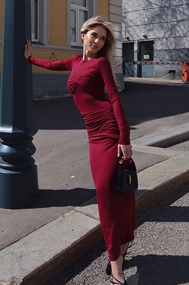 Long Sleeve Twist Front Ruched Bodycon Maxi Dress
