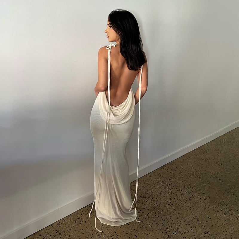 Rib Knit Tie Strap Cowl Back Side Cutout Column Maxi Dress