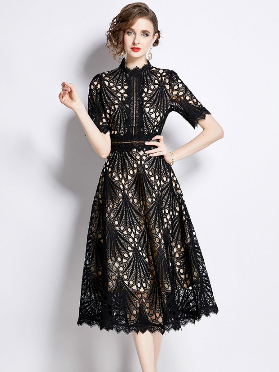 Crocheted Embroidered Lace Midi Dress