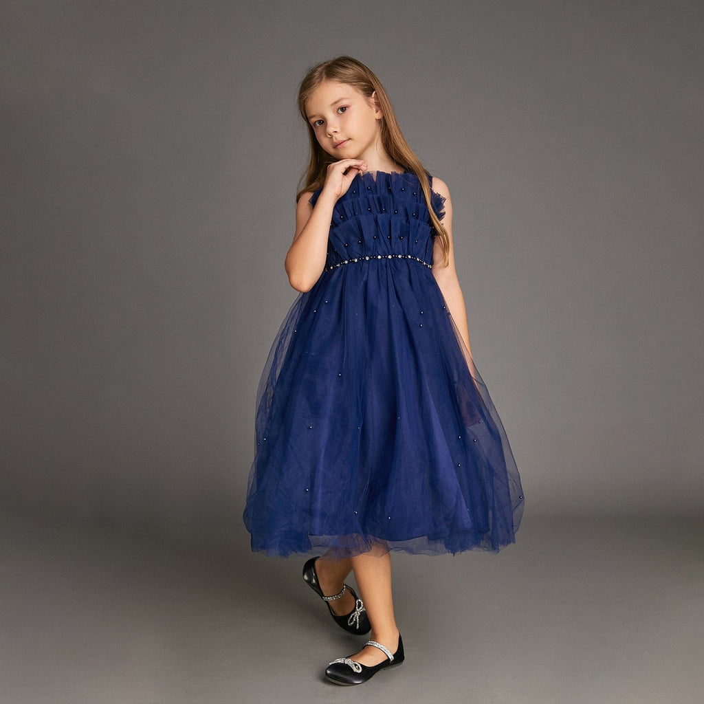 Girls Strapless Ruffled Pearl Embellished Tulle Maxi Mini Dress