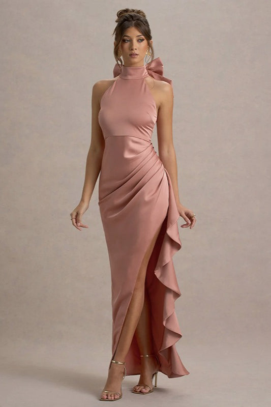 Satin Mock Neck Halter Bow Back Ruched High Split Maxi Gown