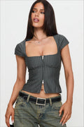 Vintage Square Neck Two Way Zip Stripe Crop Top