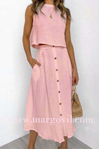 Sleeveless Crop Top and Button Down Skirt Cotton Linen Two Pieces