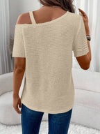One-Shoulder Chain Detail Waffle Knit T-Shirt