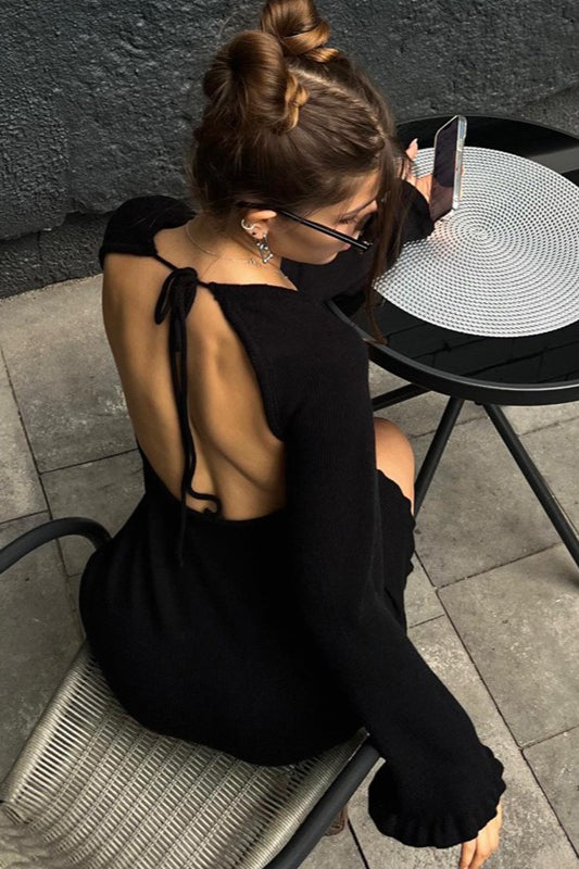 One Shoulder Long Sleeve Ruffle Cuff Lettuce Hem Mini Sweater Dress