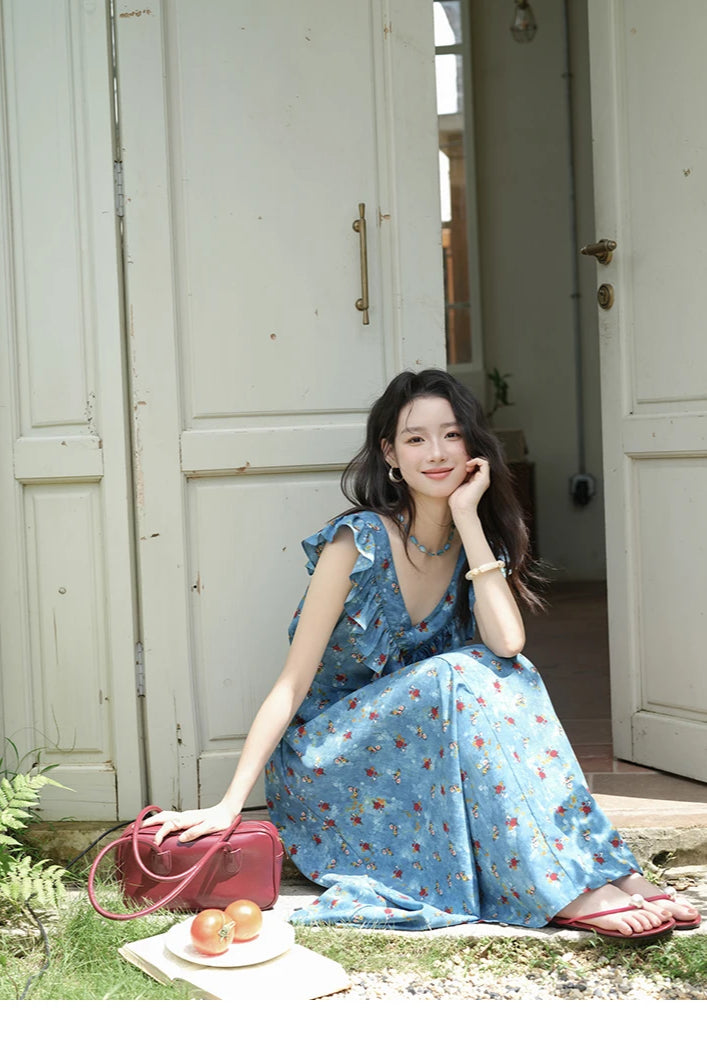 Floral Print Ruffle Trim V-Neck Cap Sleeve Fit and Flare Maxi Summer Dress