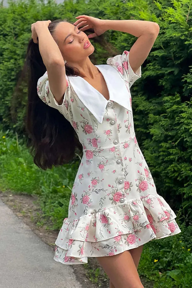Floral Puff Sleeve Contrast Collar Button Front Ruffle Hem Mini Dress