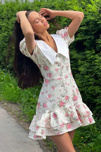 Floral Puff Sleeve Contrast Collar Button Front Ruffle Hem Mini Dress