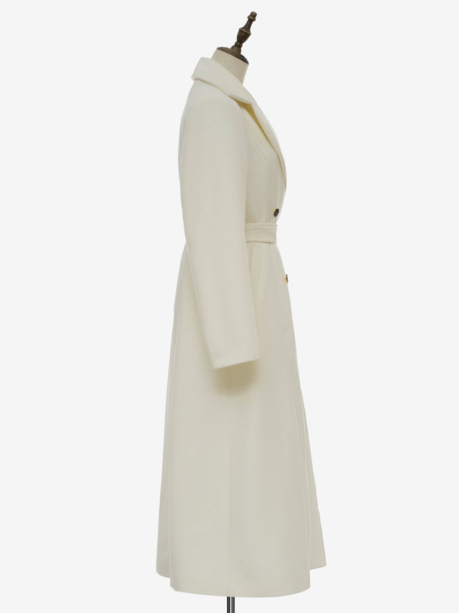White Longline Woolen Coat Notched Lapel Double Breasted Belted Winter Full Length Outerwear For Women 2026