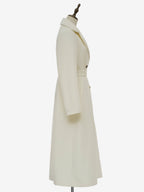 White Longline Woolen Coat Notched Lapel Double Breasted Belted Winter Full Length Outerwear For Women 2026