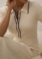 Ribbed Knit Polo Collar Contrast Trim Short Sleeve Midi Dress