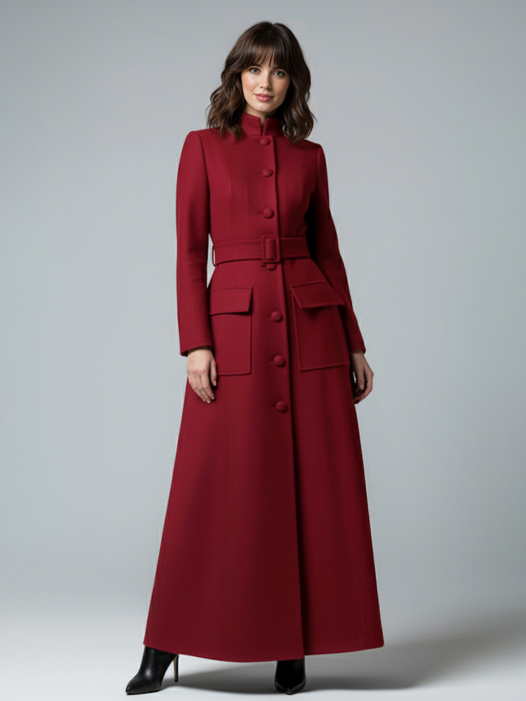 Woolen Full-Length Maxi Coat With Stand Collar And Flap Pockets For Women 2026