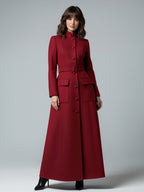 Woolen Full-Length Maxi Coat With Stand Collar And Flap Pockets For Women 2026