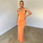 Rib Knit Tie Strap Cowl Back Side Cutout Column Maxi Dress